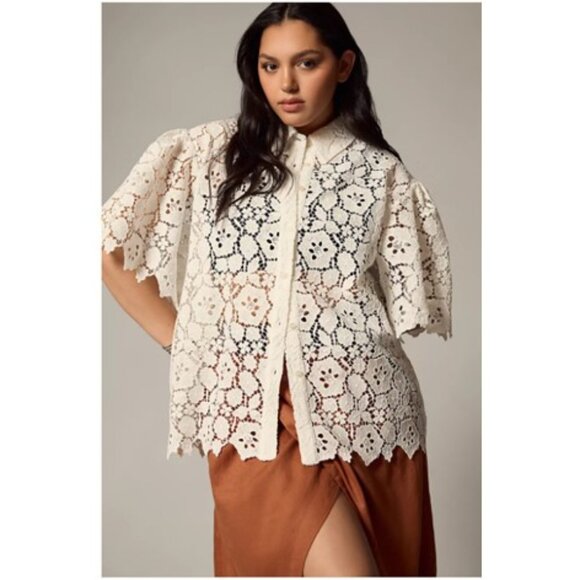NWT-Anthropologie-Maeve-Cutout Lace Short Sleeve Shirt - White - XL - Picture 9 of 11